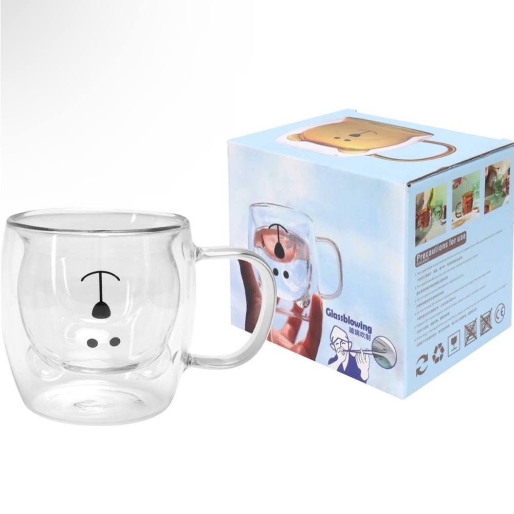 Cute Bear Glass Cup with Handle Double Wall Insulated Clear Glass Espressos Mug